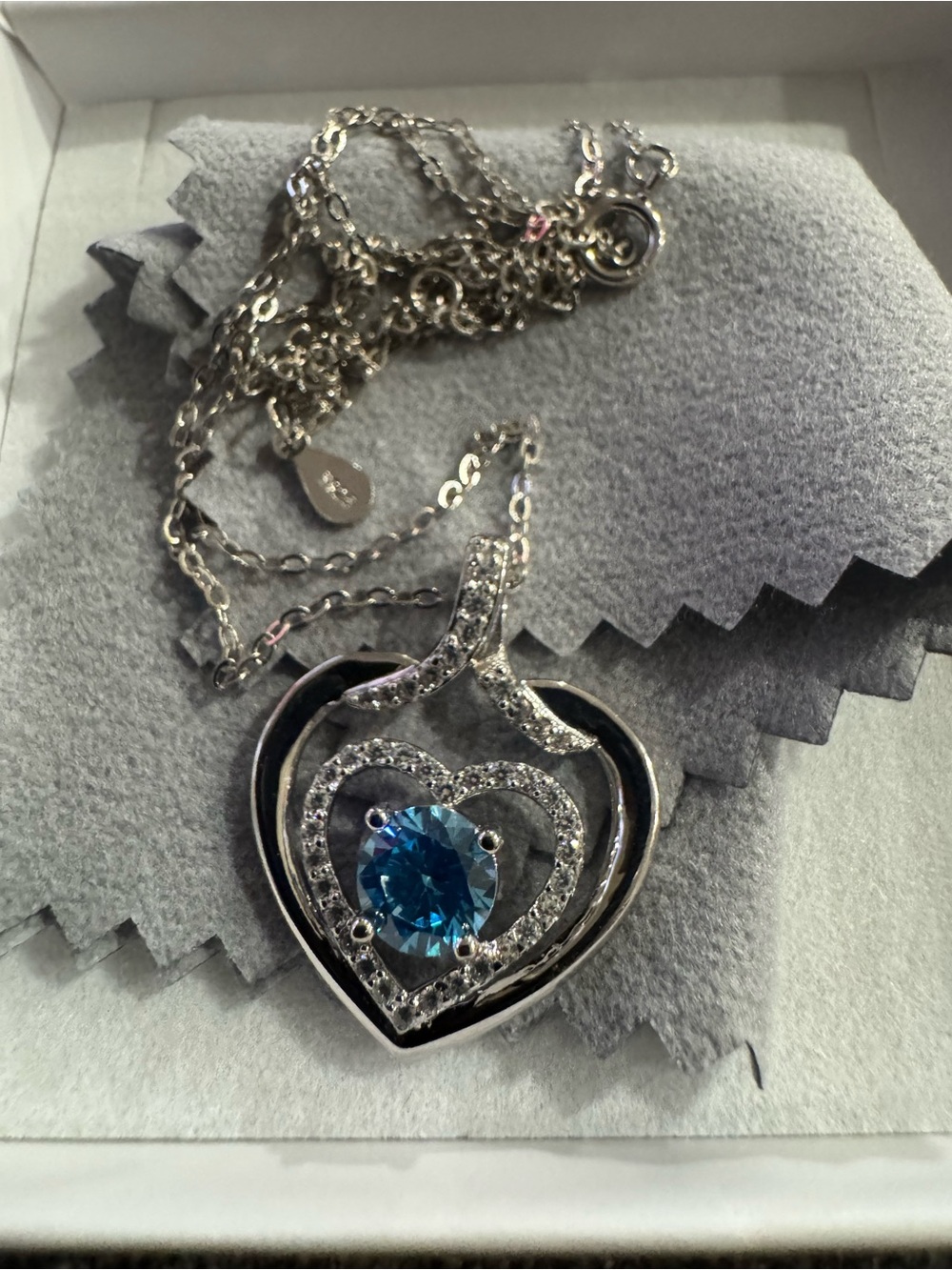 Sterling Heart Pendant Necklace with Blue Center Stone